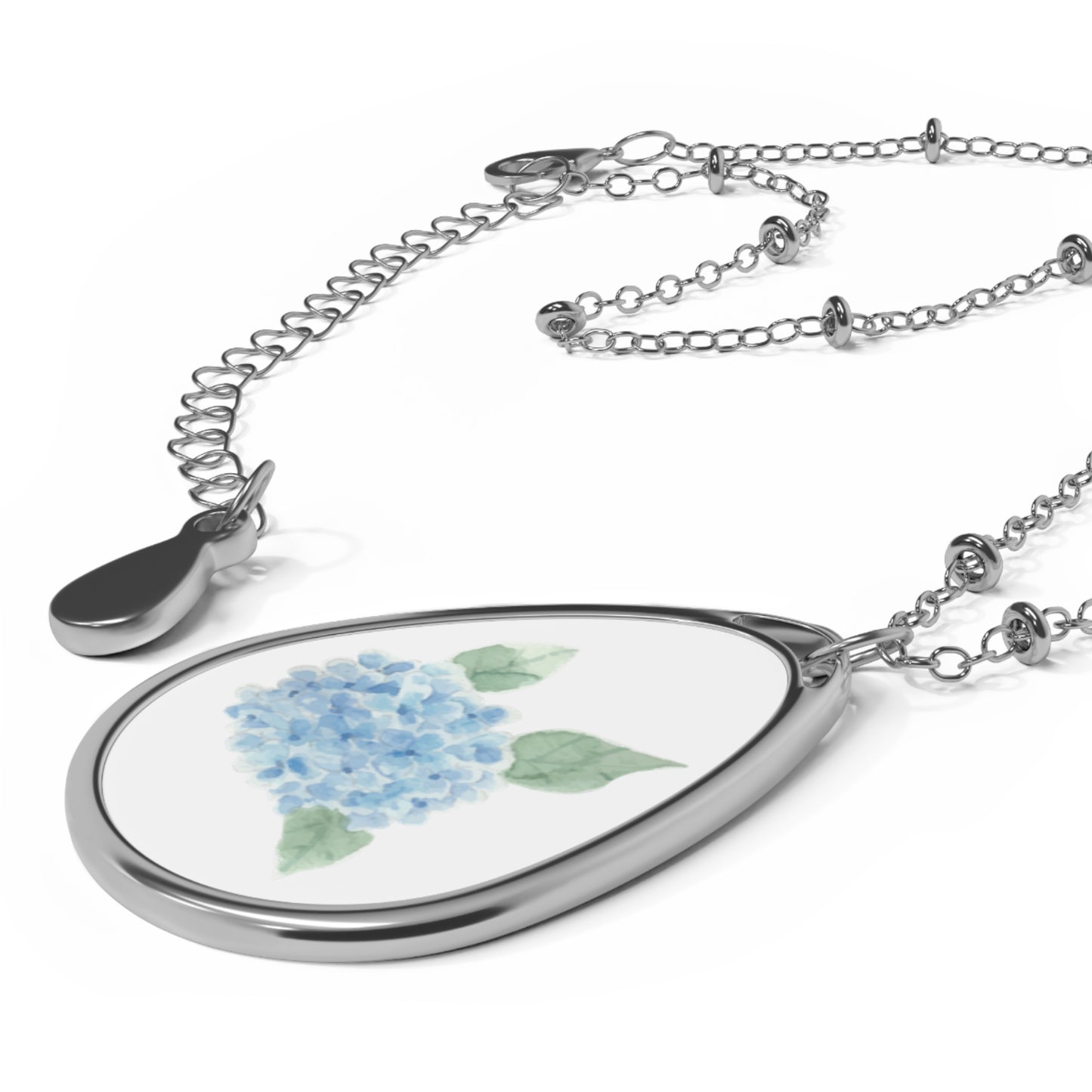 Watercolor Blue Hydrangea Oval Necklace - Elegant Floral Pendant for Women