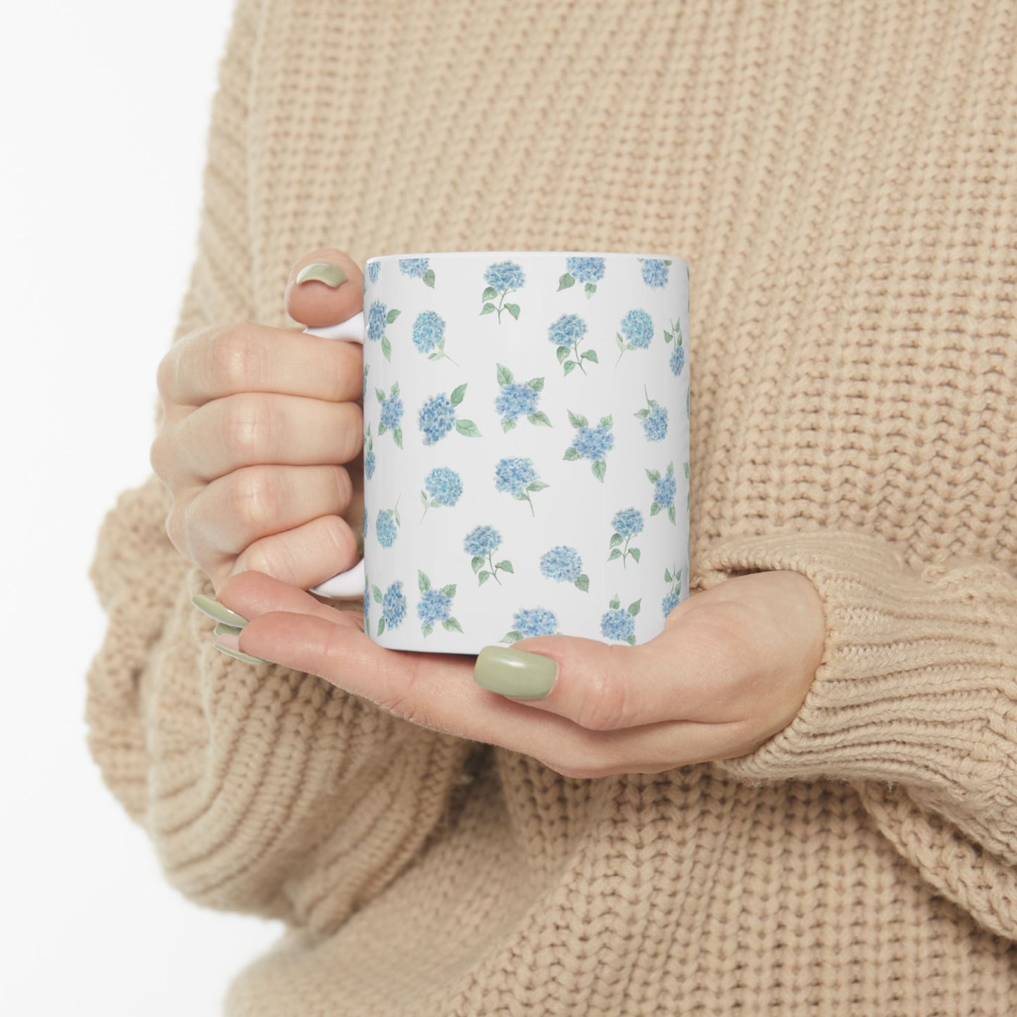 Floral Ceramic Mug - Beautiful Blue Hydrangeas, Perfect Gift for Garden Lovers