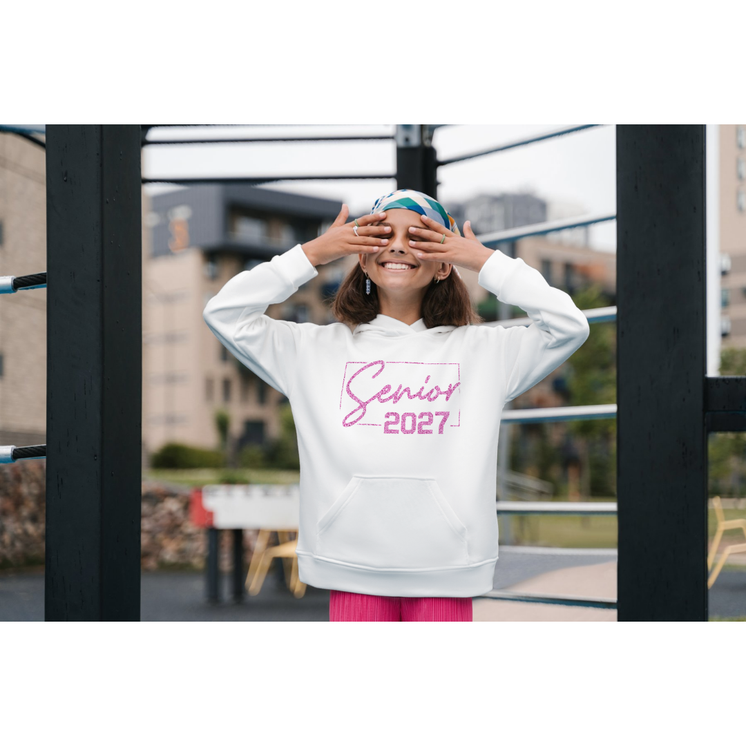 Class of 2027 Senior Hoodie with Pink Glitter Letters Heavy Blend™ Hooded Sweatshirt